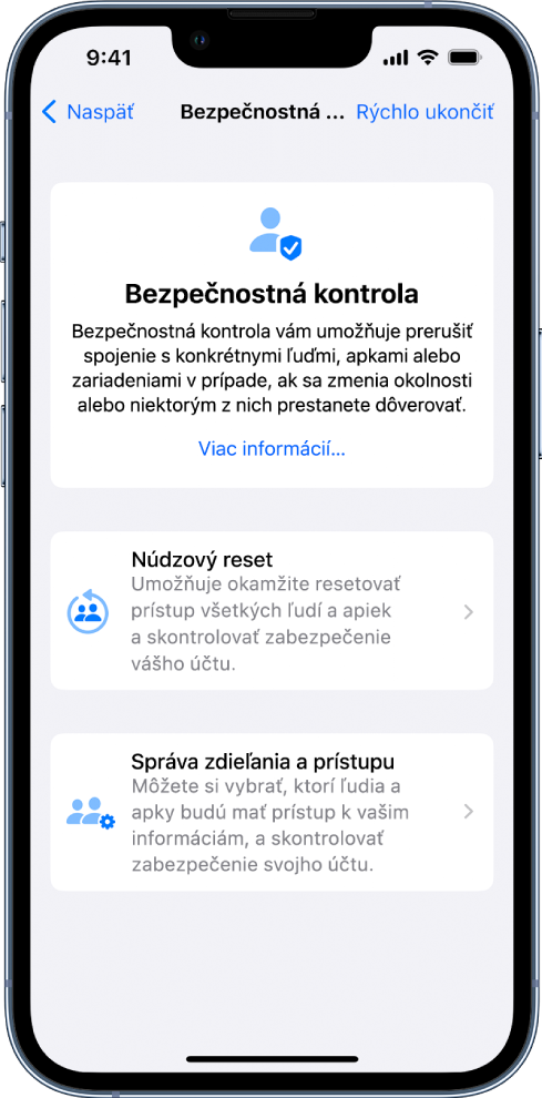 Obrazovka funkcie Bezpečnostná kontrola s informáciami o funkcii a tlačidlami Núdzový reset a Správa zdieľania a prístupu.