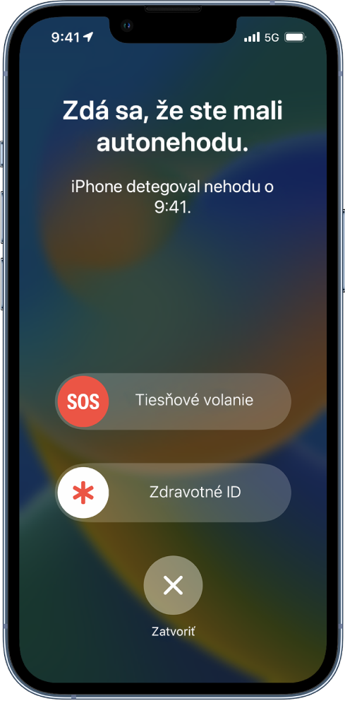Obrazovka iPhonu s informáciou, že bola detegovaná nehoda, a s tlačidlami Tiesňové volanie, Zdravotné ID a Zatvoriť.