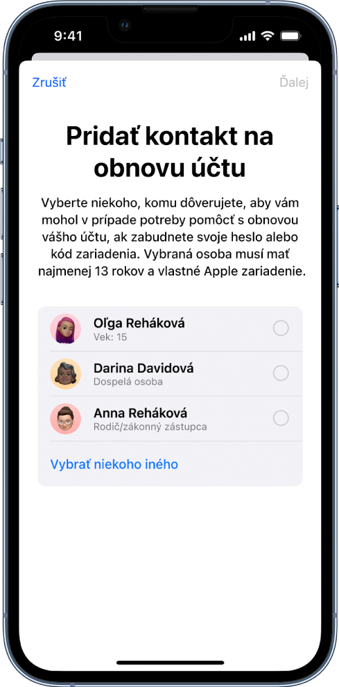 Obrazovka „Kontakt na obnovu účtu“ s návrhmi kontaktov, ktoré môžete vybrať ako kontakty na obnovu, a s možnosťou výberu iného kontaktu.
