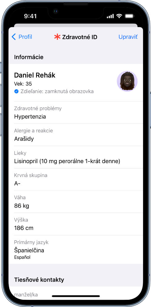 Obrazovka Zdravotné ID, ktorá obsahuje rôzne informácie, ako je napríklad dátum narodenia, zdravotný stav, lieky a tiesňový kontakt.