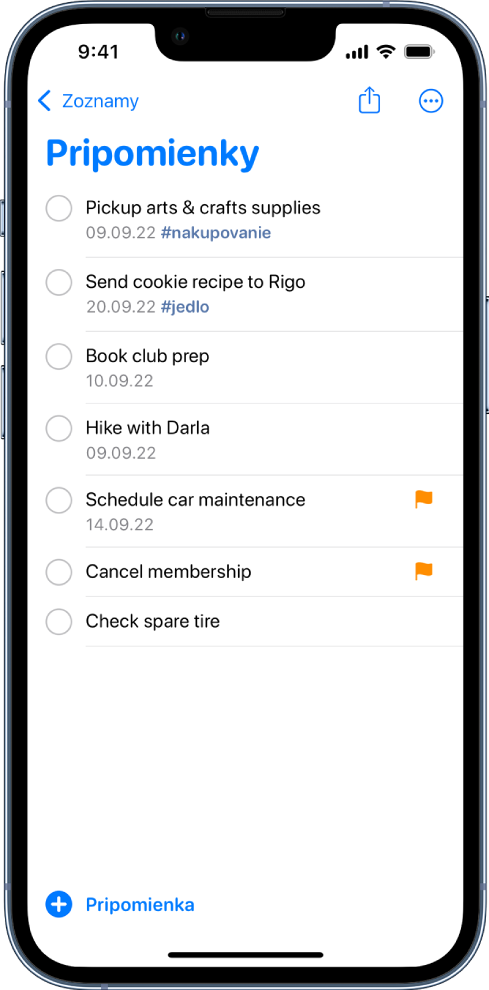 Obrazovka apky Pripomienky so zoznamom úloh. Vľavo dole je tlačidlo Nová pripomienka.