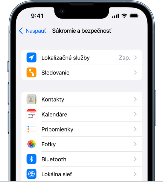 Obrazovka Súkromie a bezpečnosť v Nastaveniach.
