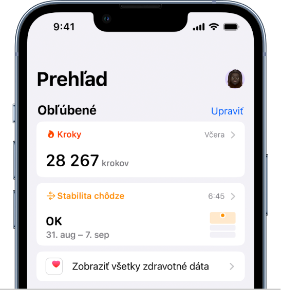 Obrazovka Zhrnutie v apke Zdravie. Pod položkou Obľúbené sú uvedené informácie o stabilite chôdze.