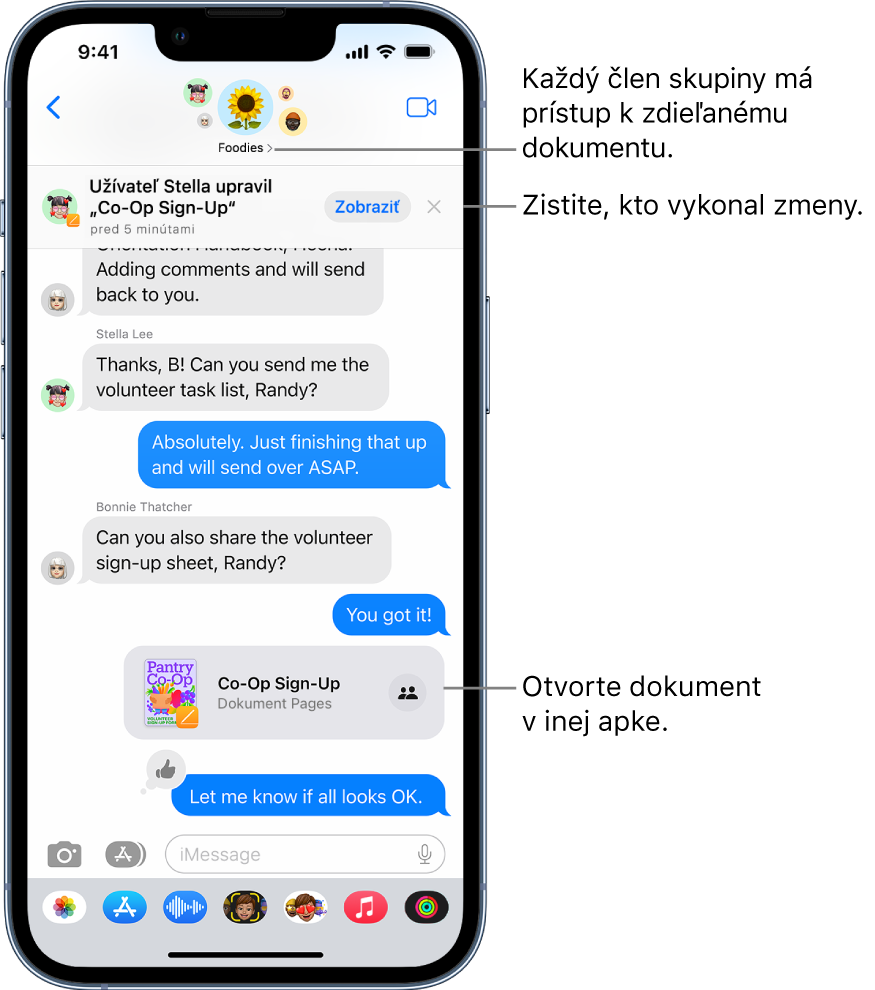 Skupinová konverzácia v apke Správy vrátane pozvánky na spoluprácu a aktualizácií v hornej časti okna konverzácie.