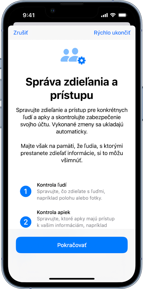 Obrazovka Správa zdieľania a prístupu s informáciami o fungovaní tejto funkcie. V dolnej časti je tlačidlo Pokračovať.