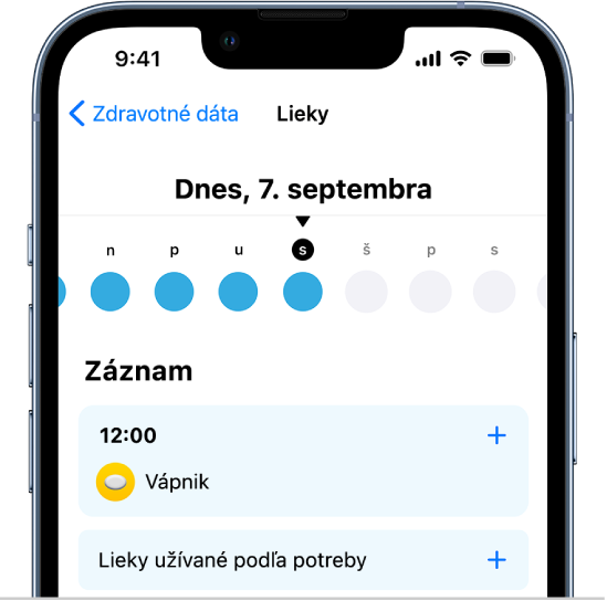 Obrazovka Lieky v apke Zdravie s časovou osou a záznamom liekov.