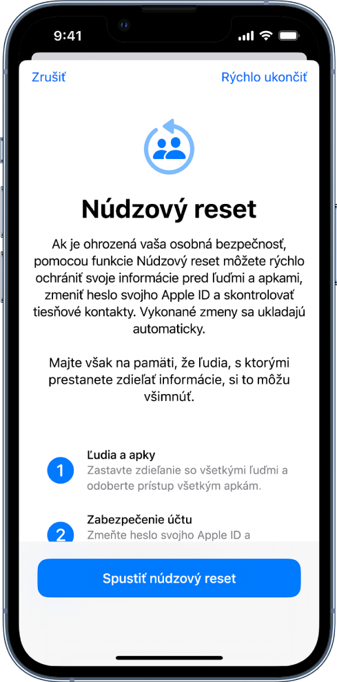 Obrazovka Núdzový reset s informáciami o fungovaní tejto funkcie. Naspodku sa nachádza tlačidlo Spustiť núdzový reset.