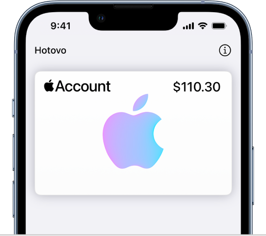 Karta účtu Apple v Peňaženke zobrazujúca zostatok účtu vpravo hore.