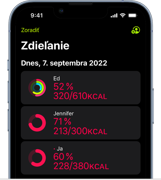 Okno zdieľania v apke Kondícia s kruhmi pohybu a zhrnutiami aktivity, ktoré sa zdieľajú medzi užívateľom a jeho priateľmi.