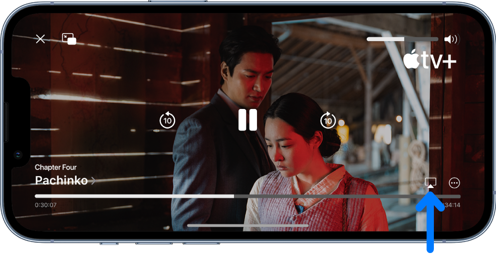 ภาพยนตร์ที่เล่นบนหน้าจอ iPhone ที่ด้านล่างสุดของหน้าจอคือตัวควบคุมการเล่น รวมถึงปุ่ม AirPlay บริเวณด้านขวาล่างสุด