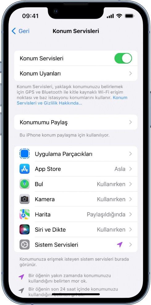 Ayrı uygulamalar için özel ayarlar da dahil olmak üzere iPhone’unuzun konumunu paylaşma ayarları ile Konum Servisleri ekranı.