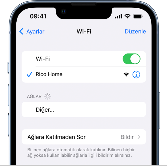 Ayarlar’daki Wi-Fi seçenekleri ekranı. Wi-Fi açık ve bir ağ seçili.