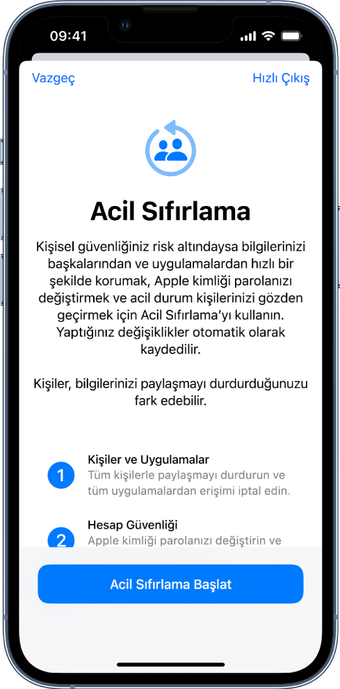 Özelliğin nasıl çalıştığı hakkında bilgilerle Acil Sıfırlama ekranı. Acil Sıfırlamayı Başlat düğmesi en alttadır.