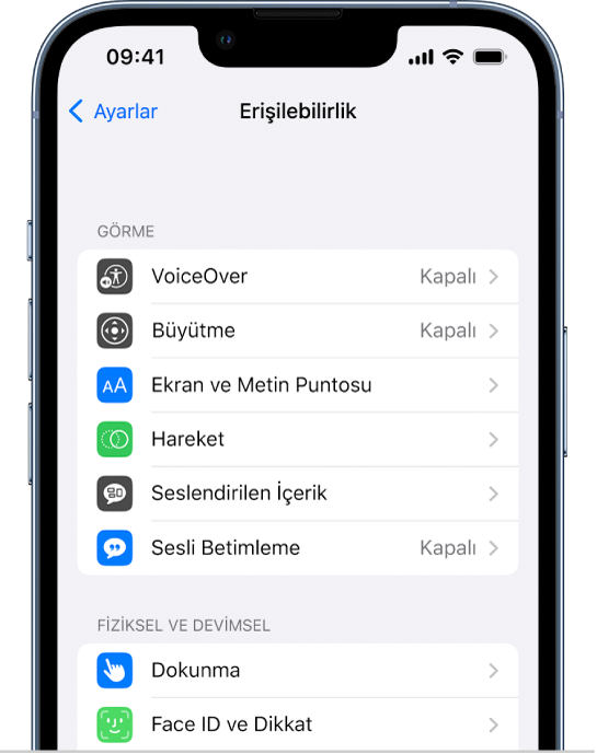 Ayarlar’daki Erişilebilirlik ekranı yukarıdan aşağıya şu yerleşik özellikleri gösteriyor: VoiceOver, Büyütme, Ekran ve Metin Puntosu, Hareket, Seslendirilen İçerik, Erişilebilirlik Açıklamaları dahil olmak üzere Görme özellikleri ve Dokunma ve Face ID ve Dikkat dahil olmak üzere Fiziksel ve Devimsel özellikler.