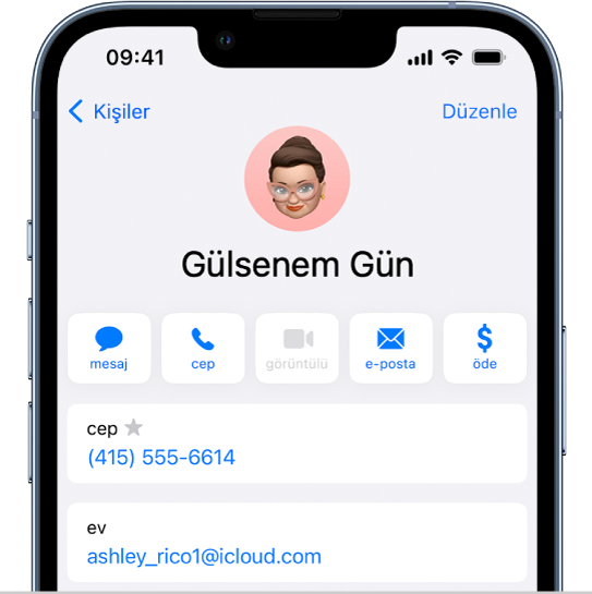 Kişiler uygulamasındaki bir kişi kartı.