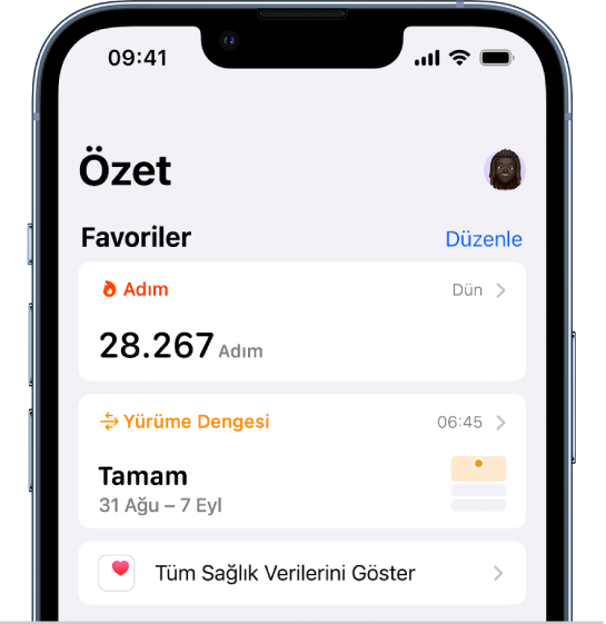 Sağlık’taki Özet ekranı. Favoriler’in altında yürüme dengesi ile ilgili bilgiler görünüyor.