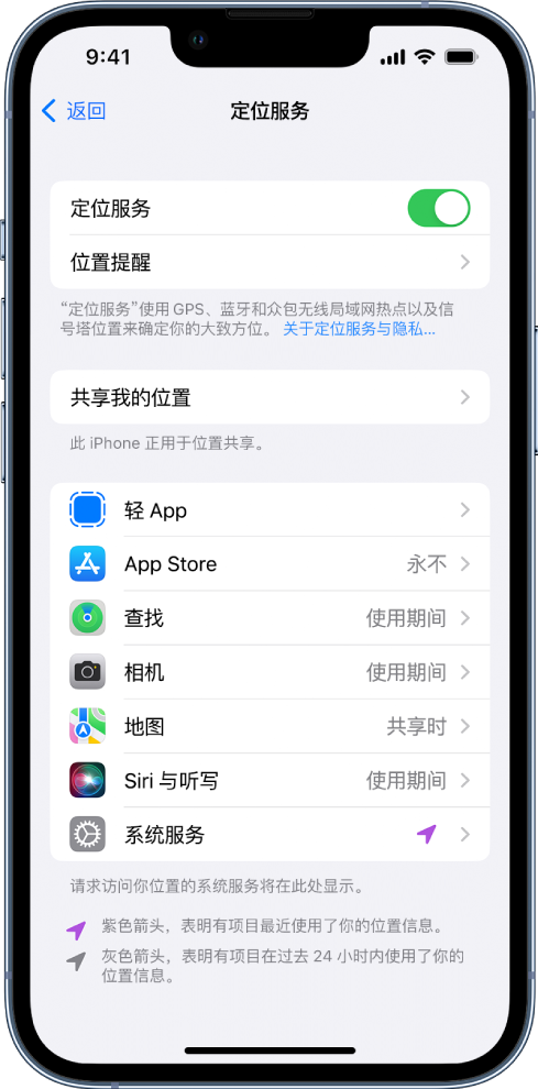 “定位服务”屏幕，显示用于共享 iPhone 位置的设置，包括单个 App 的自定设置。