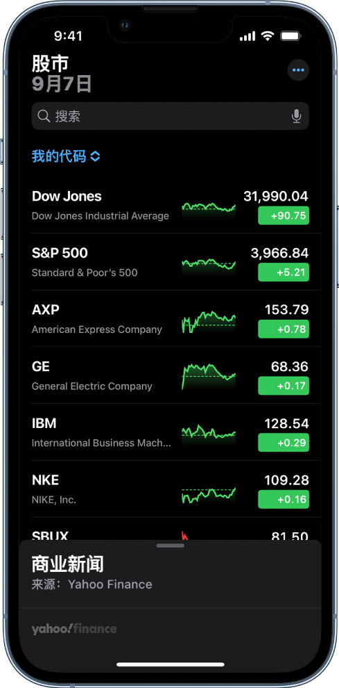 关注列表显示不同股票的列表。从左到右依次显示列表中每只股票的股票代码和名称、行情走势图、股价和股价变化。屏幕顶部“我的代码”关注列表标题上方是搜索栏。屏幕底部是“商业新闻”。向上轻扫“商业新闻”以显示报道。