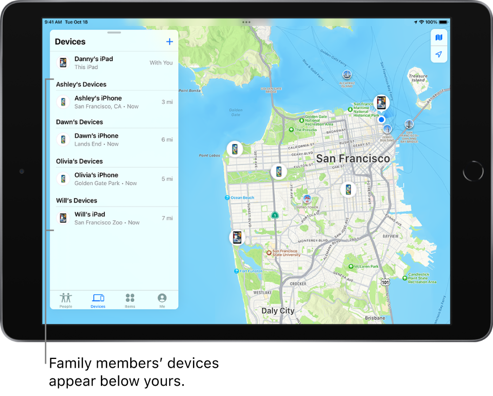 The Devices tab in Find My. Danny’s iPad is at the top of the list. Below are the devices of Ashley, Dawn, Olivia, and Will.