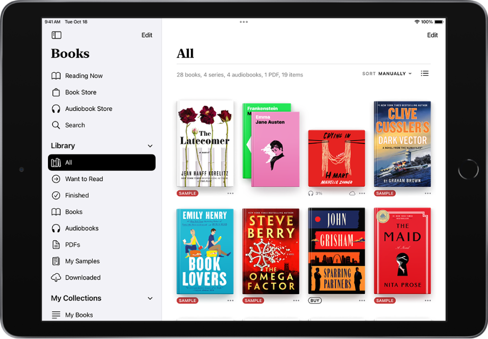 The Library screen in the Books app. The sidebar is open on the left side of the screen and below Library, All is selected. The rest of the screens shows a grid of book covers.