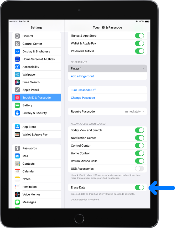 The Erase Data control, located at the bottom of the Touch ID & Passcode screen in Settings.