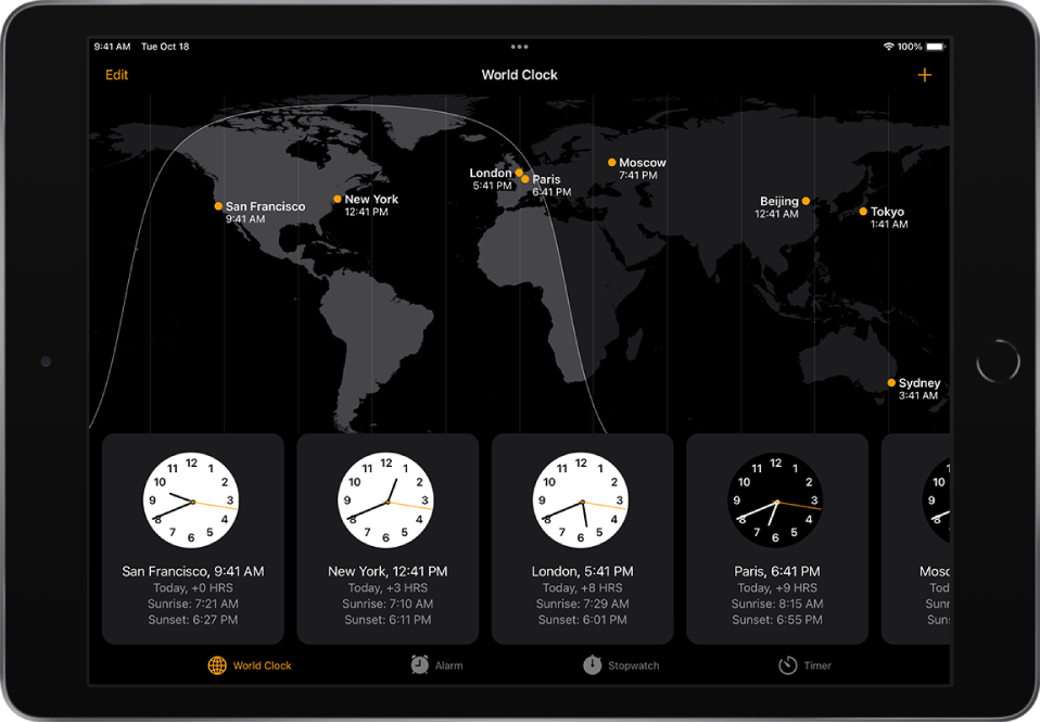 The World Clock tab, showing the time in various cities. The Edit button near the upper-left corner lets you delete cities. The Add button near the upper-right corner lets you add more cities. The World Clock, Alarm, Stopwatch, and Timer buttons are along the bottom.