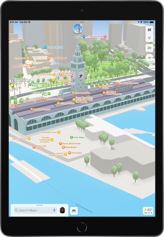 A 3D street map showing buildings, streets, a ferry line, water, trees, and a park.