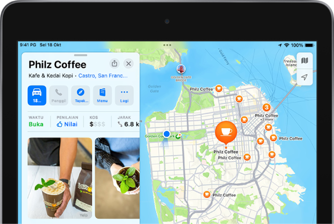 Peta bandar dengan kad tempat untuk kedai kopi. Tempat kad termasuk butang untuk mendapatkan arah, pergi ke tapak web kedai dan membuka menu.