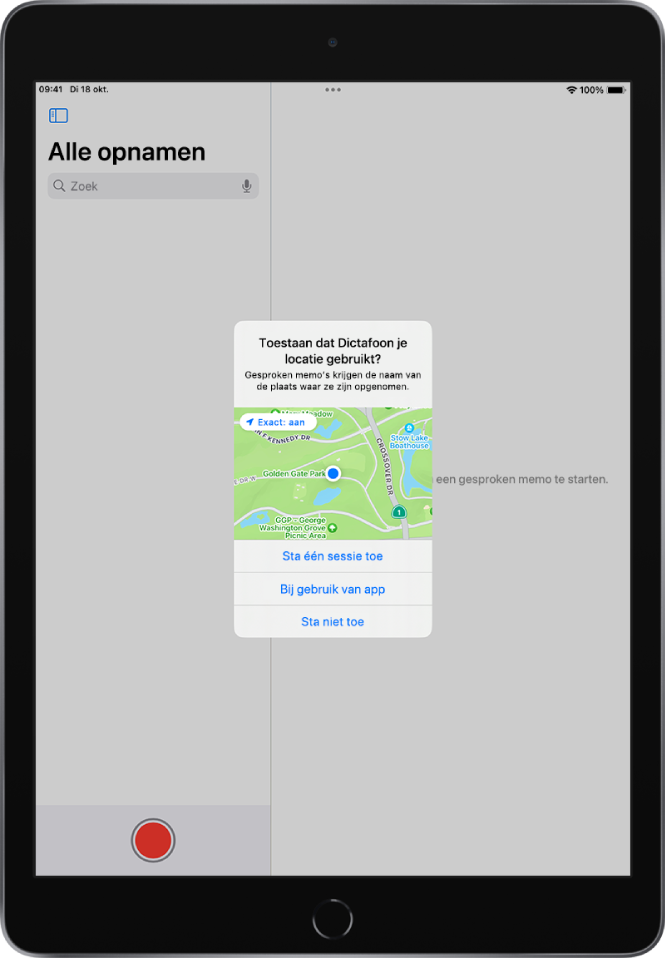 Een verzoek van een app om locatiegegevens op de iPad te mogen gebruiken. De opties zijn 'Sta één sessie toe', 'Bij gebruik van app' en 'Sta niet toe'.