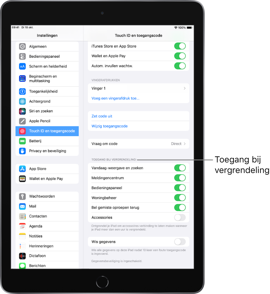 De instellingen voor 'Touch ID en toegangscode', met opties voor toegang tot specifieke functies wanneer de iPad is vergrendeld.