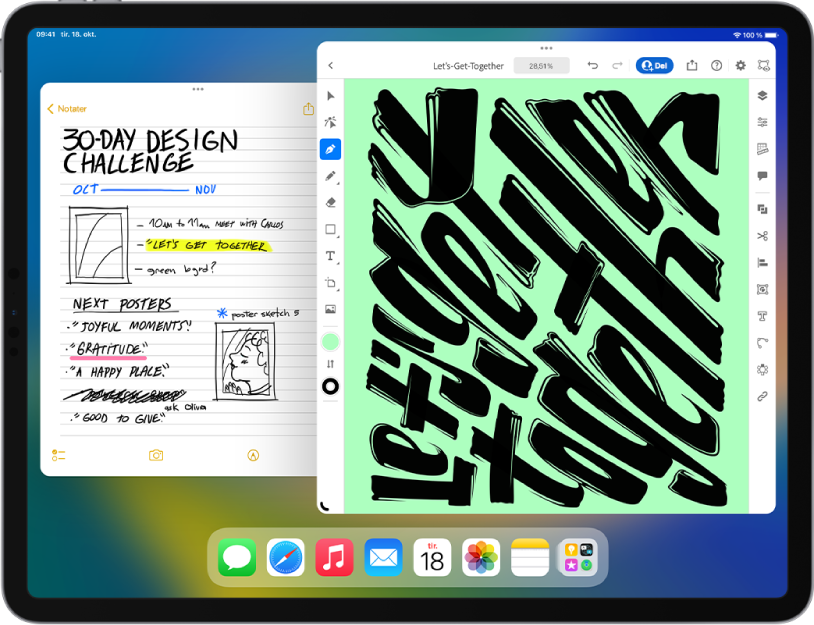 En iPad-skjerm med Stage Manager slått på. De åpne vinduene vises sammen i midten av skjermen, og andre nylig brukte apper vises i en liste på venstre side av skjermen.