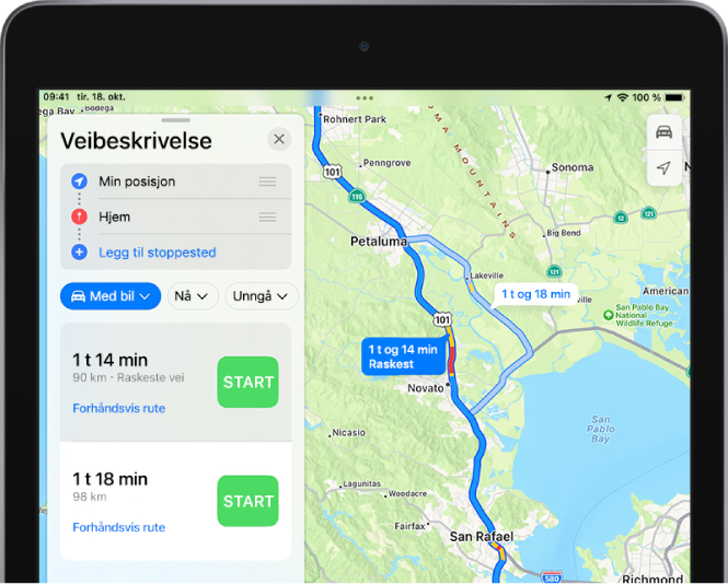 Et kart med to kjøreruter for North Bay nær San Francisco. Den raskeste ruten er valgt.