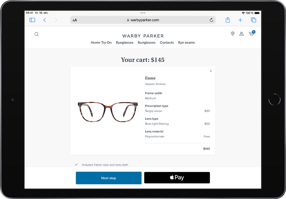 Et nettsted med et produkt, med Apple Pay-knappen nede til høyre.