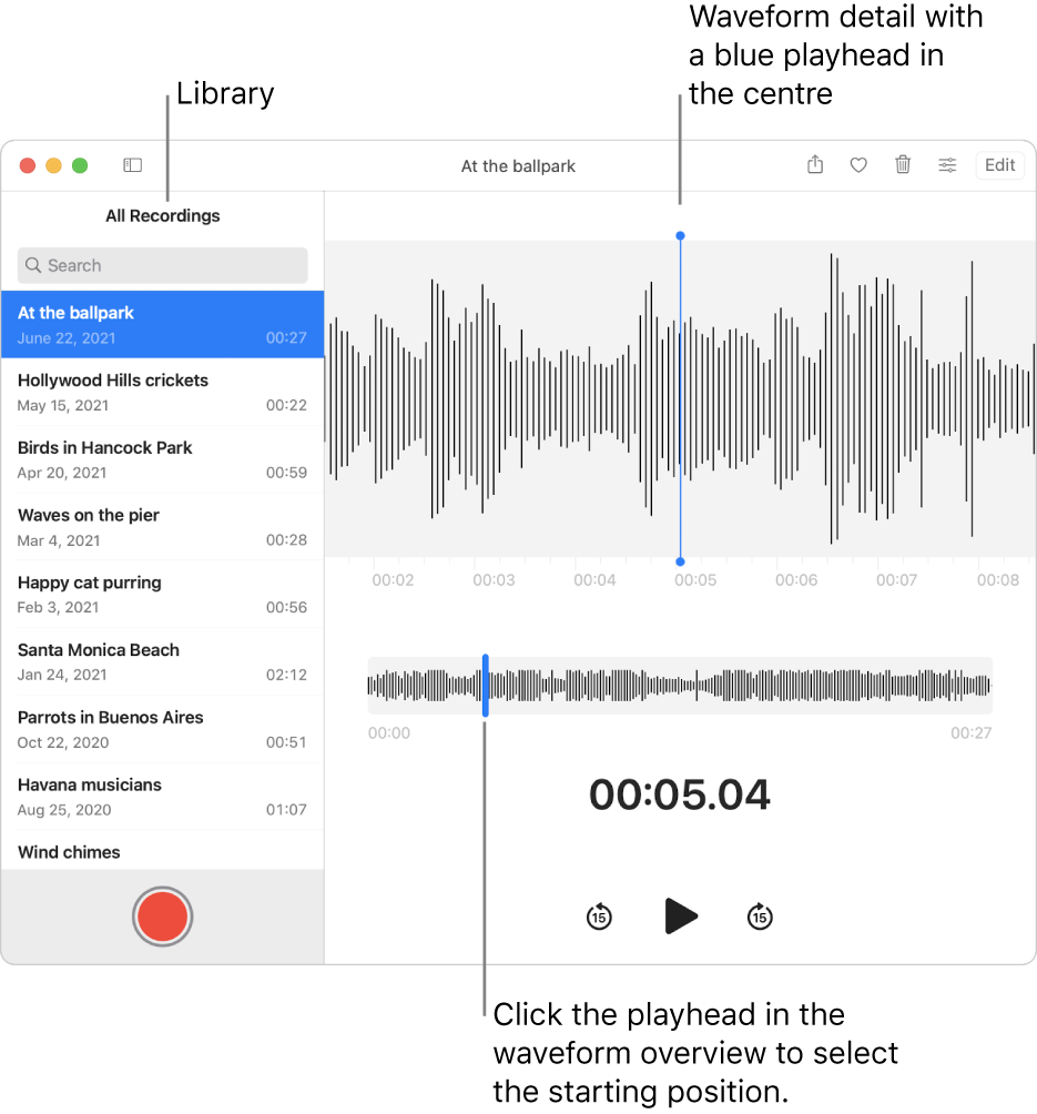 The Voice Memos app showing the recordings in the library on the left. The selected recording appears in the window to the right of the list, as a waveform detail with a blue playhead in the centre. Below the recording is the waveform overview.