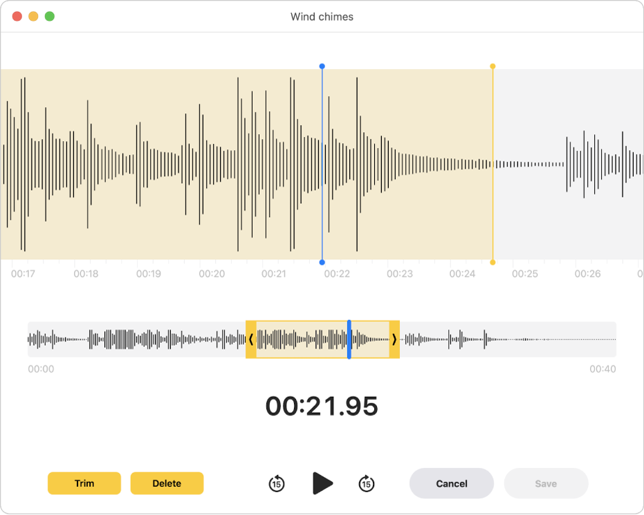 A recording being edited in the Voice Memos window.