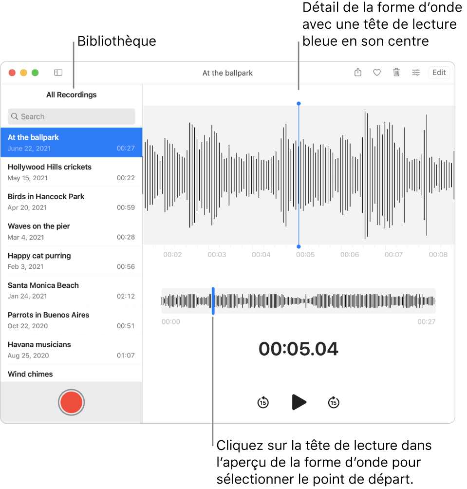L’app Dictaphone affiche les enregistrements dans la bibliothèque à gauche. L’enregistrement sélectionné apparaît dans la fenêtre à droite de la liste, sous l’aspect d’une forme d’onde détaillée avec une tête de lecture bleue au centre. L’aperçu de la forme d’onde apparaît sous l’enregistrement.