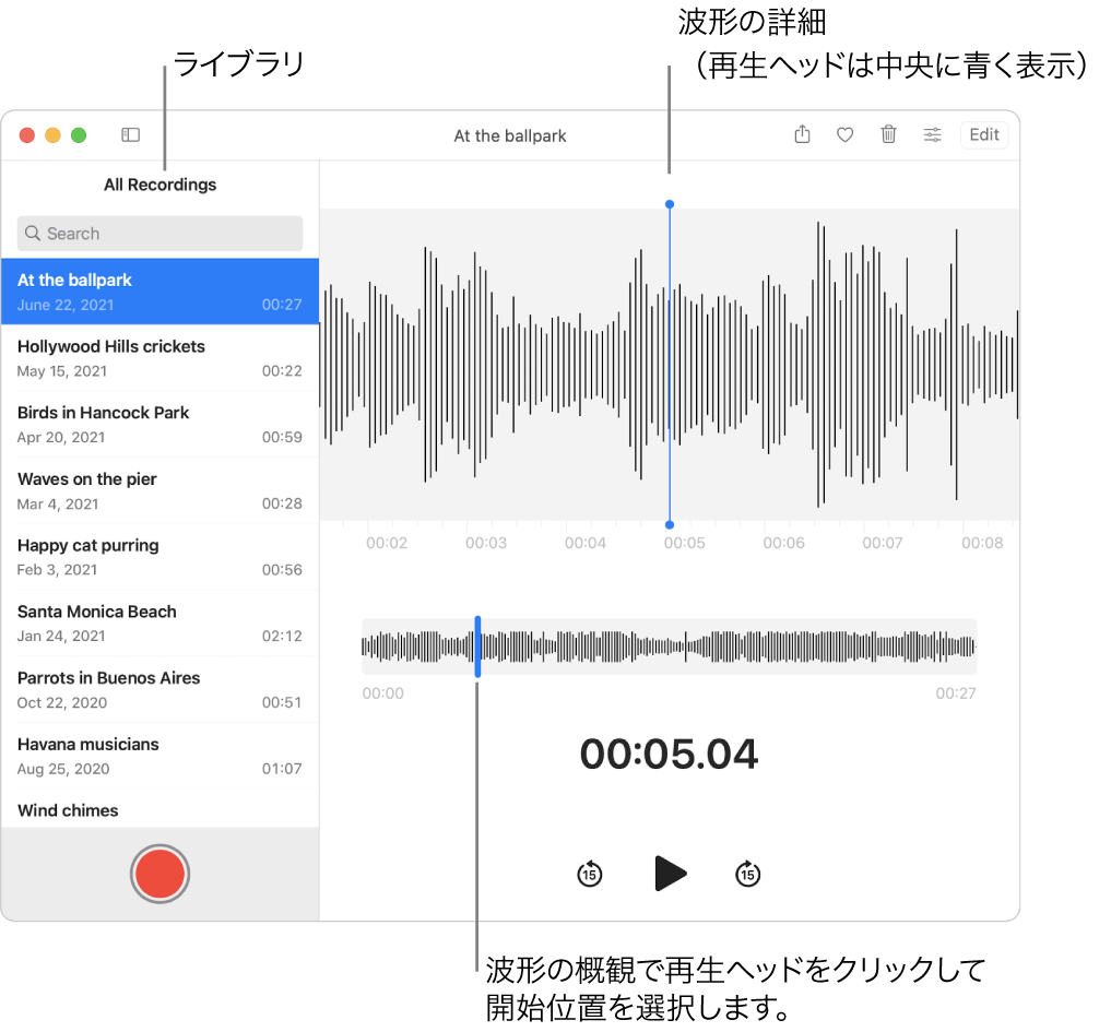 ボイスメモアプリケーション。ライブラリの録音が左側に表示されています。選択された録音は、中央部分に青色の再生ヘッドが付いた波形の詳細として、リストの右側にあるウインドウに表示されます。録音の下には波形の概観が表示されます。