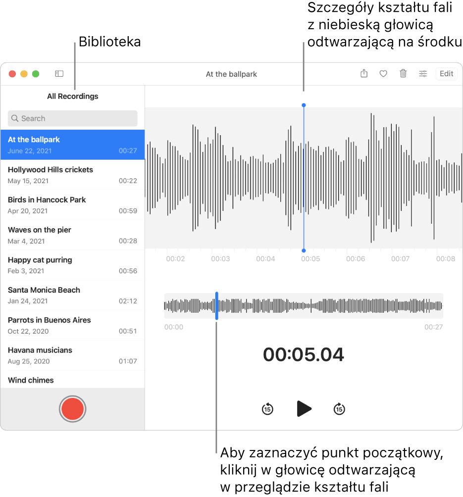 Aplikacja Dyktafon pokazuje nagrania w bibliotece po lewej. Zaznaczone nagranie widoczne jest w oknie po prawej stronie listy, w postaci fragmentu fali z niebieską głowicą odtwarzającą w środku. Pod nagraniem jest podgląd fali dźwiękowej.