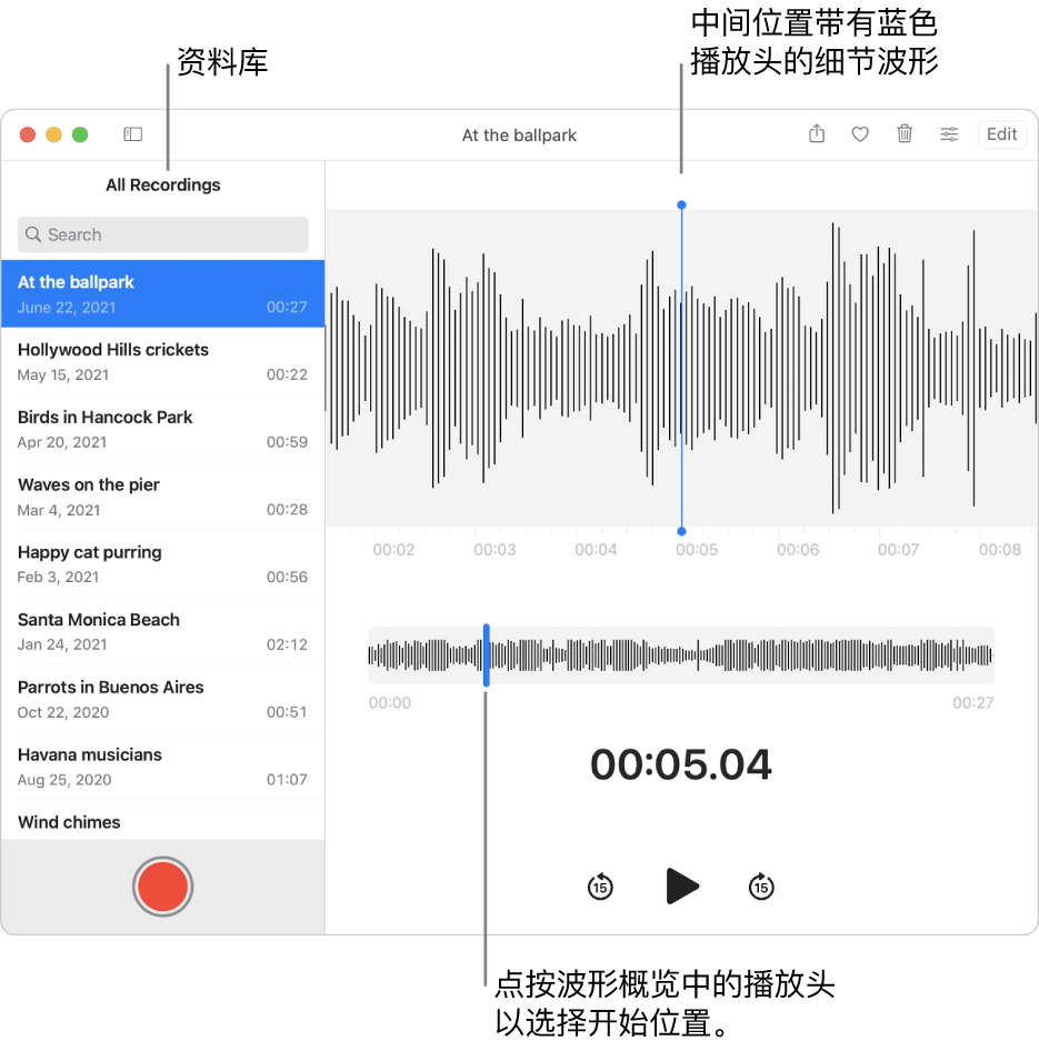 “语音备忘录” App 在左侧的资料库中显示录音。所选录音显示在列表右侧的窗口中，带有蓝色播放头的波形详细信息位于中间。录音下方是波形概览。