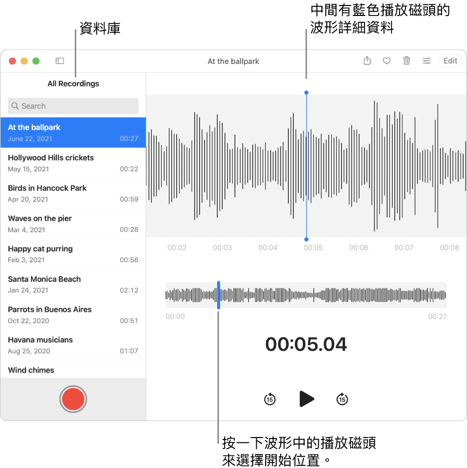 「錄音機」App 在左方資料庫中顯示錄音。所選錄音顯示在列表右方的視窗中，中間有藍色播放磁頭的波形詳細資料。錄音下方為波形概覽。