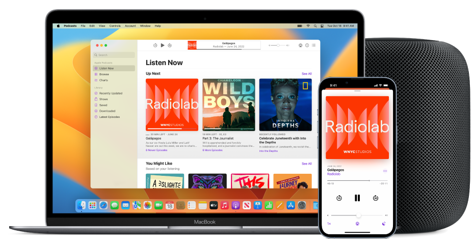 The Apple Podcasts window showing the Listen Now screen on a Mac and iPhone, with a HomePod in the background.