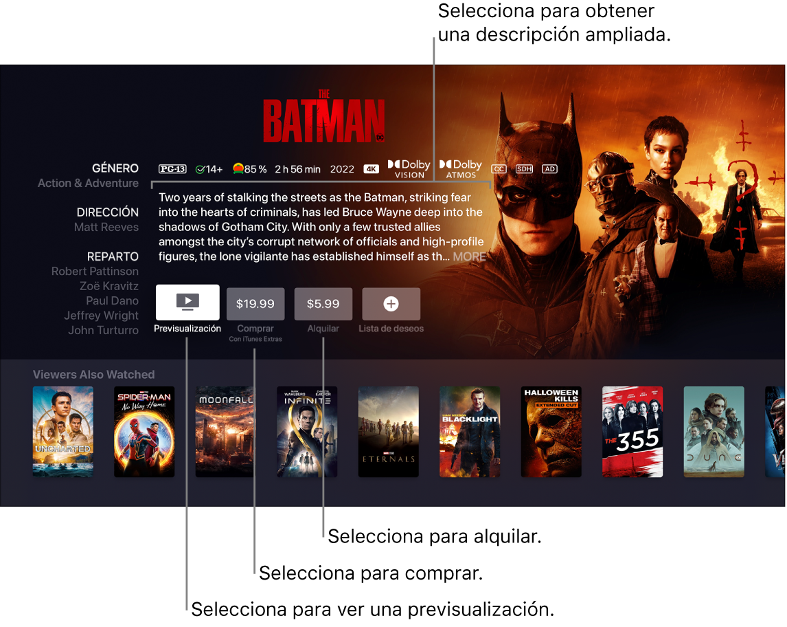 Pantalla de información de la película