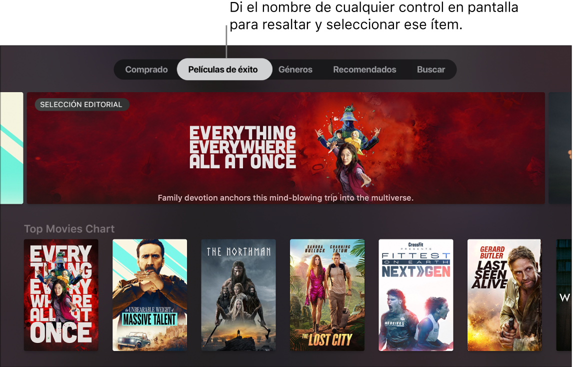 “Películas de iTunes” y consultas del menú que se pueden leer en alto