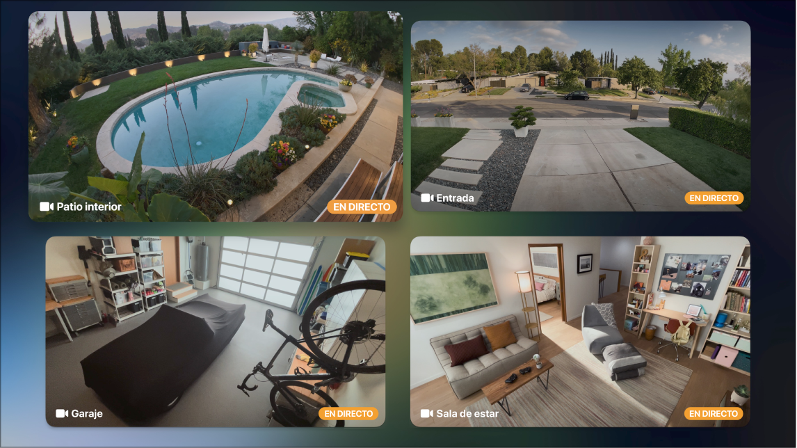 Pantalla del Apple TV que muestra varias cámaras en la vista de HomeKit del centro de control