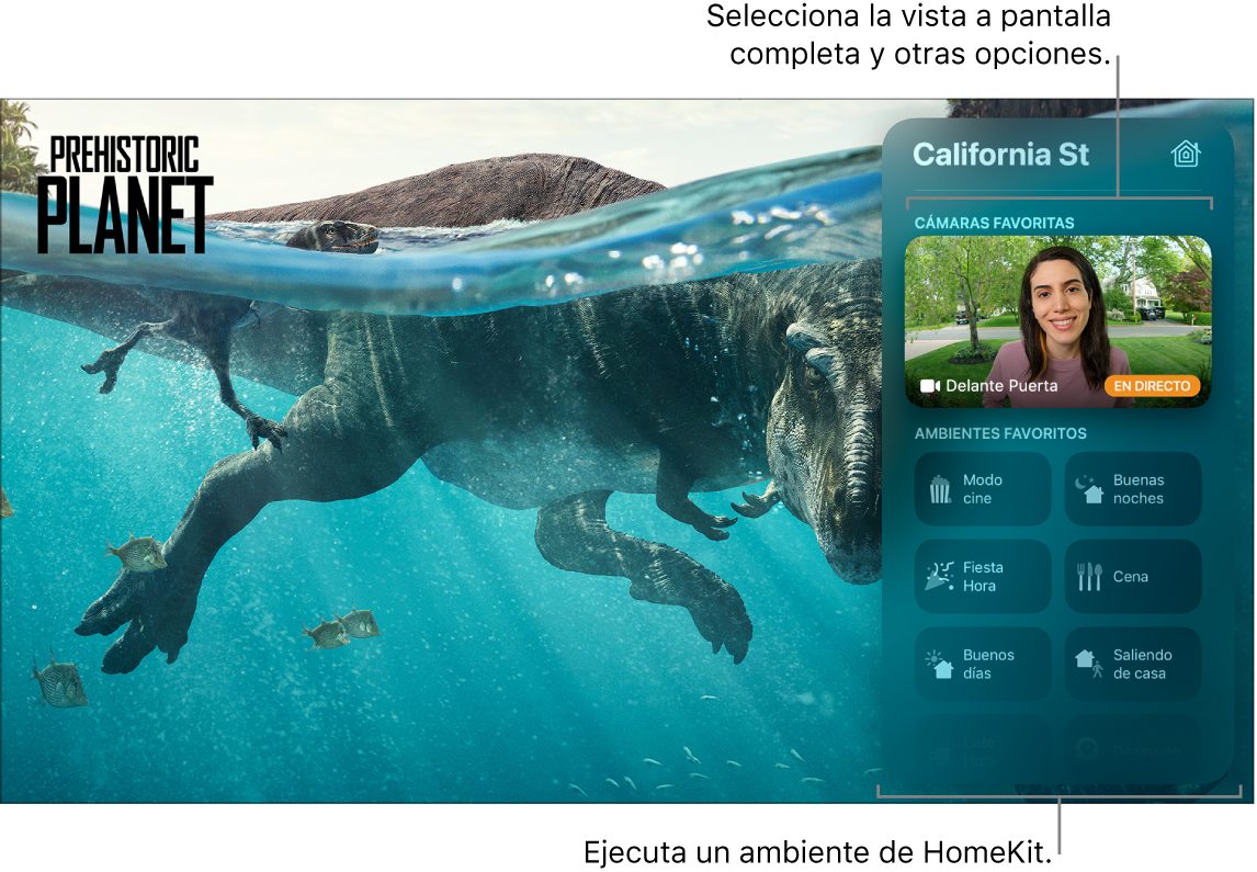 Pantalla del Apple TV con la vista de HomeKit del centro de control