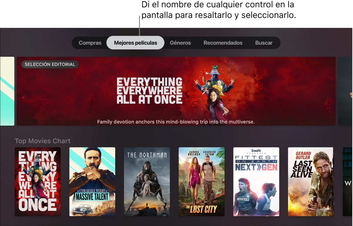 iTunes Movie Store mostrando las solicitudes de menú que se pueden activar con la voz
