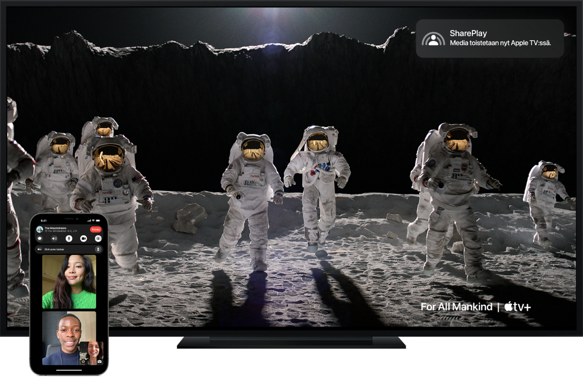 SharePlay-esimerkki näkyy iPhonessa ja Apple TV:ssä.