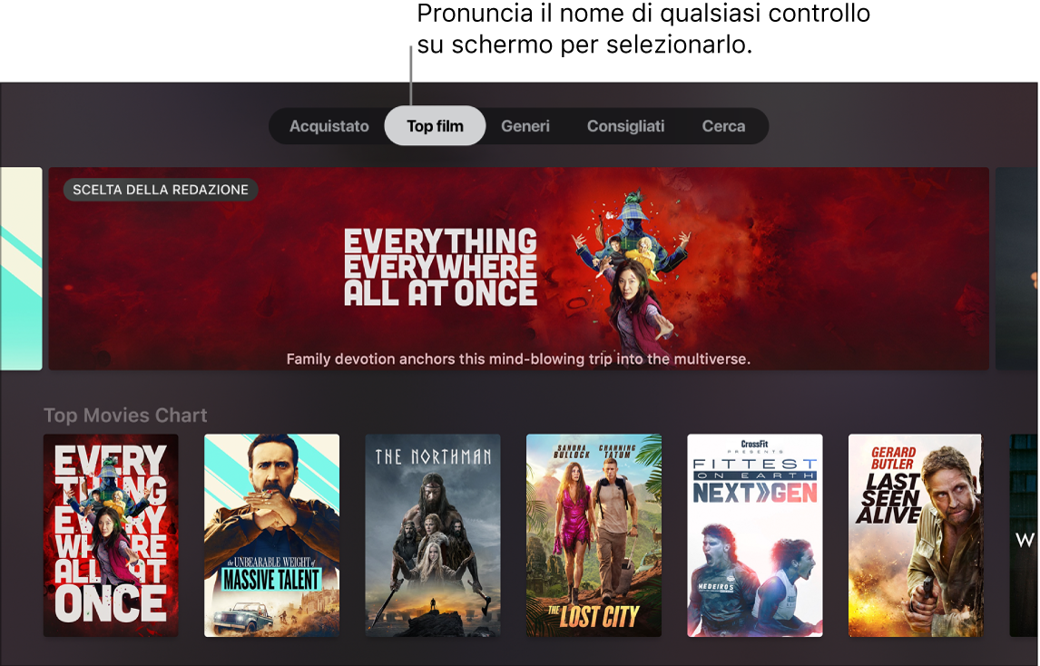 iTunes Movie Store mostra le richieste del menu che possono essere pronunciate