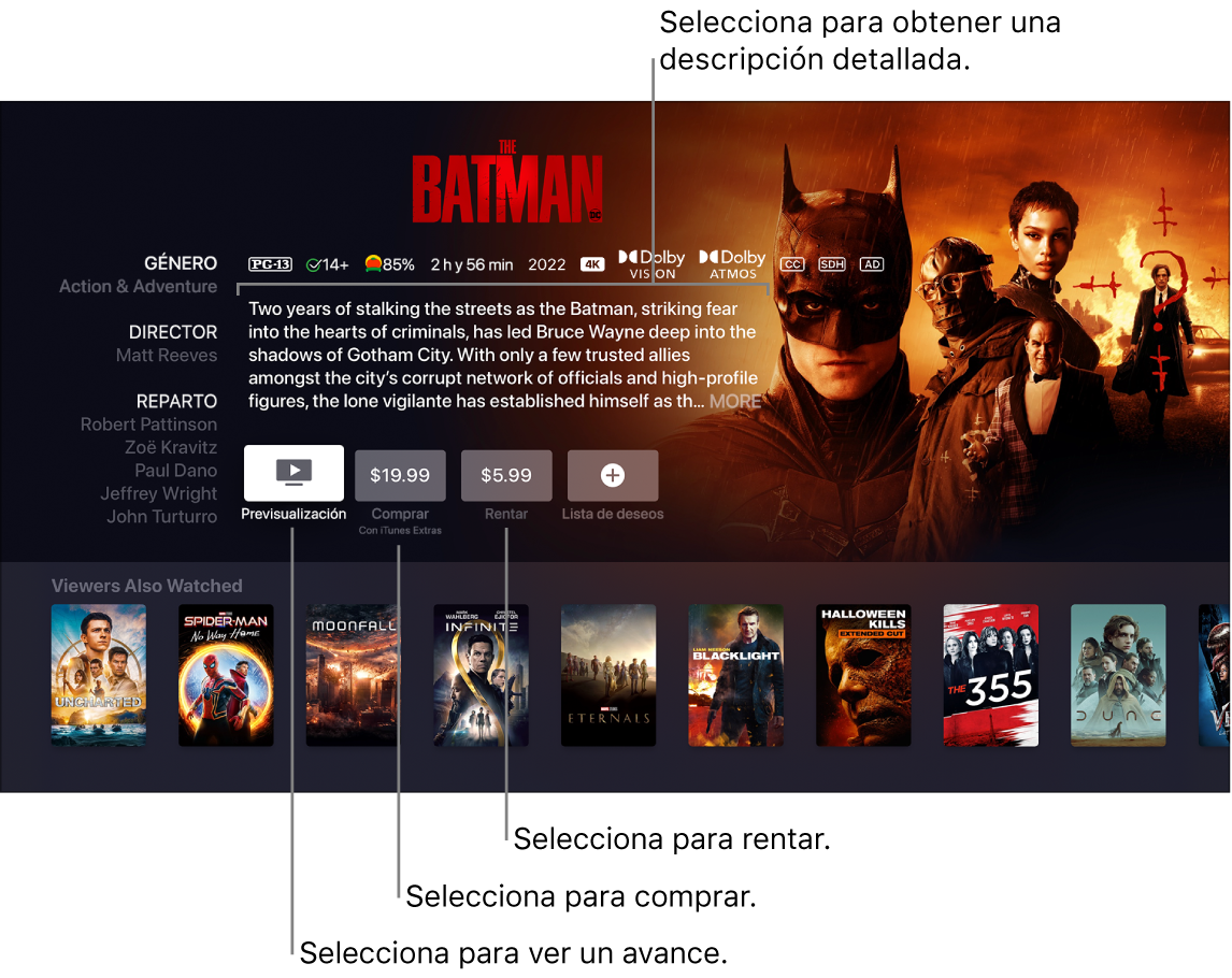 Pantalla de información de una película