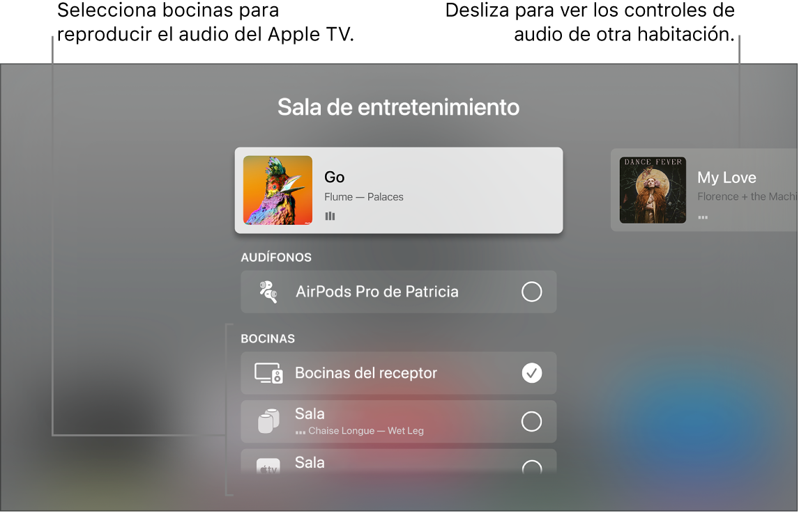 Pantalla del Apple TV mostrando los controles de audio del centro de control